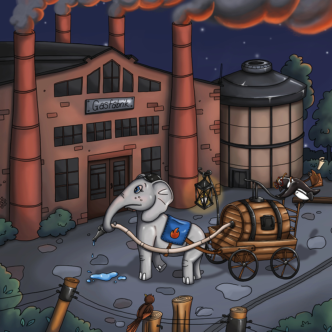 Carrie füllt an der Gasfabrik bei Nacht Wasser in den Löschwagen